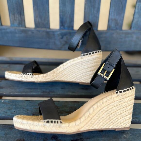 Vince Camuto Meddrina Black Leather Espadrille Wedge Sandals Women’s 11 Padded - Picture 8 of 9